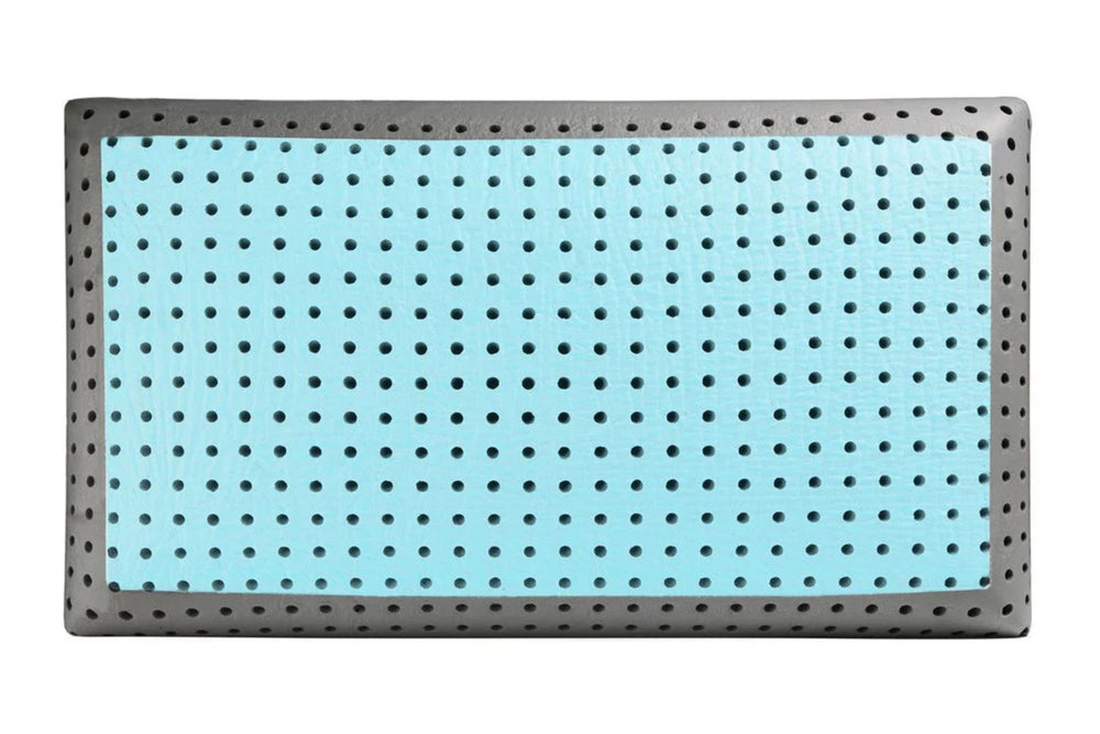Turquoise and grey foam pillow on a white background