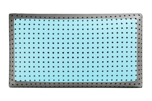 Turquoise and grey foam pillow on a white background