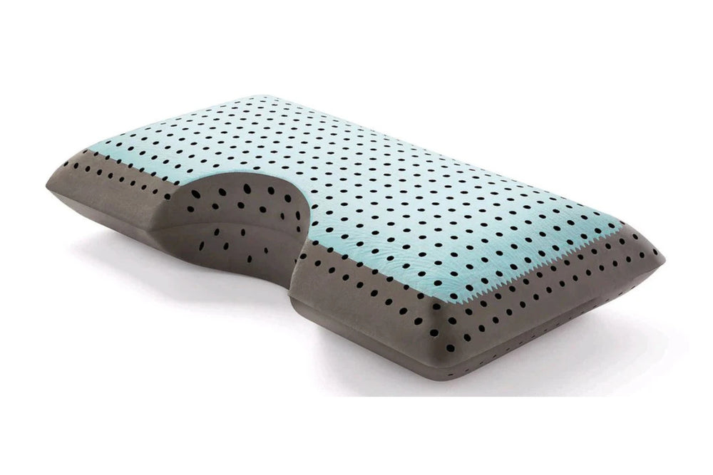 Foam pillow with a textured blue surface on a white background