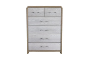 Light bronze and light grey chest with six drawers with transparent handles on a white background.