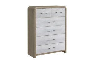 Sideview of light bronze and light grey chest with six drawers with transparent handles on a white background.