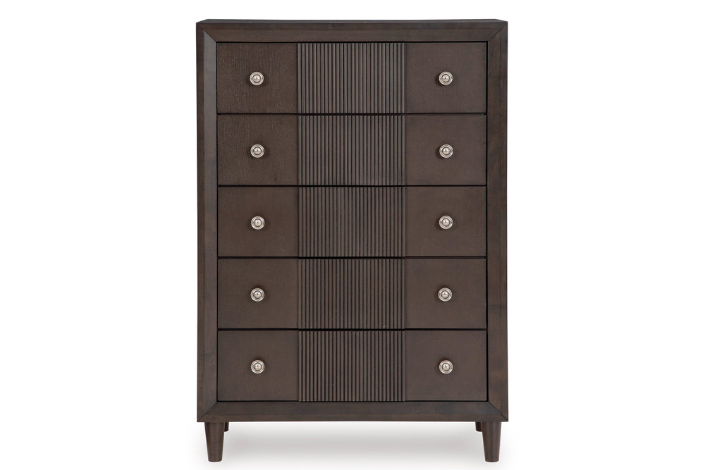 Dark brown chest consisting of six drawers with round, silver handles on a white background.