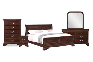 Conjunto de muebles de habitación de madera con cama, chest y gavetero con espejo sobre fondo blanco.