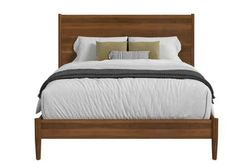 Wooden bed with white bedding and decorative pillows on a white background.