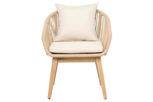 Chair with woven backrest and beige cushion on a white background