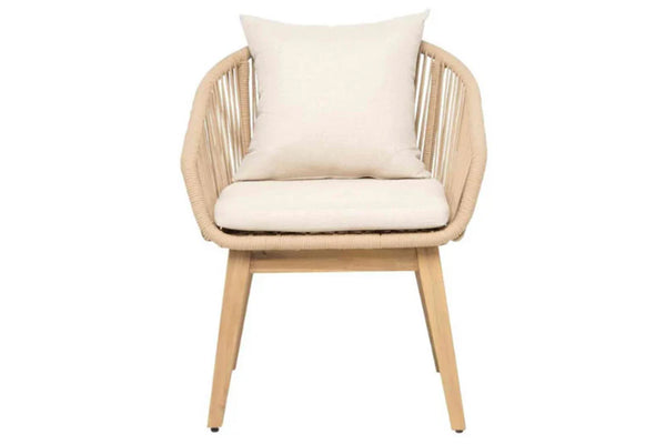Chair with woven backrest and beige cushion on a white background