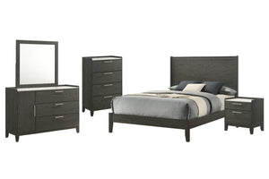 Bedroom furniture set with bed, dresser with mirror, nightstand and a chest on a white background.