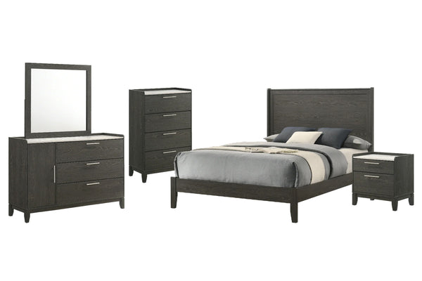 Bedroom furniture set with bed, dresser with mirror, nightstand and a chest on a white background.