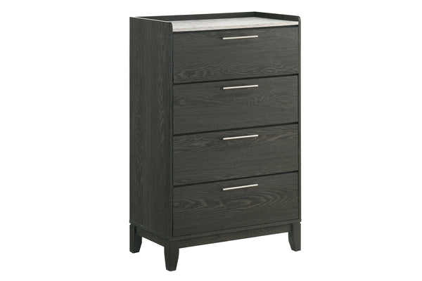 Black chest with four drawers with a marble pattern on the top on a white background.