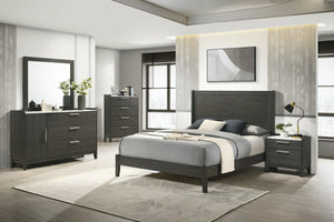 Bedroom furniture set with bed, dresser with mirror, nightstand and a chest on a scenic background.