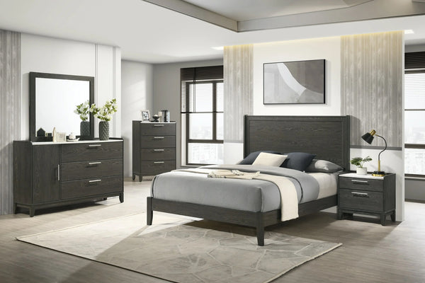 Bedroom furniture set with bed, dresser with mirror, nightstand and a chest on a scenic background.