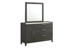Dark wood dresser with mirror and with three drawers and a vertical cabinet on the left side of the dresser on a white background.