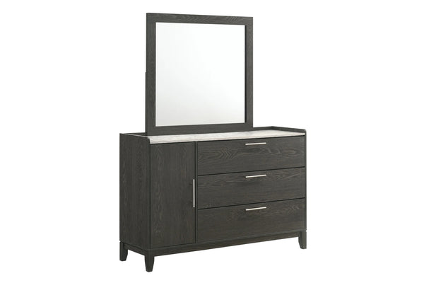 Dark wood dresser with mirror and with three drawers and a vertical cabinet on the left side of the dresser on a white background.