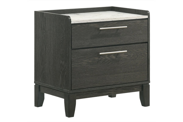 Dark wood nightstand with two drawers with a marble pattern as the top on a white background.