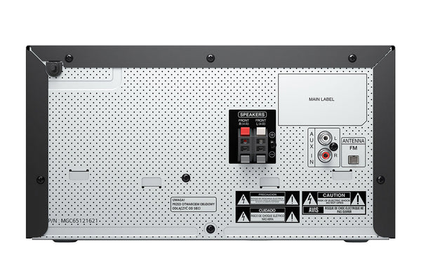 Panel posterior de un dispositivo electrónico con puertos e interruptores etiquetados sobre un fondo blanco