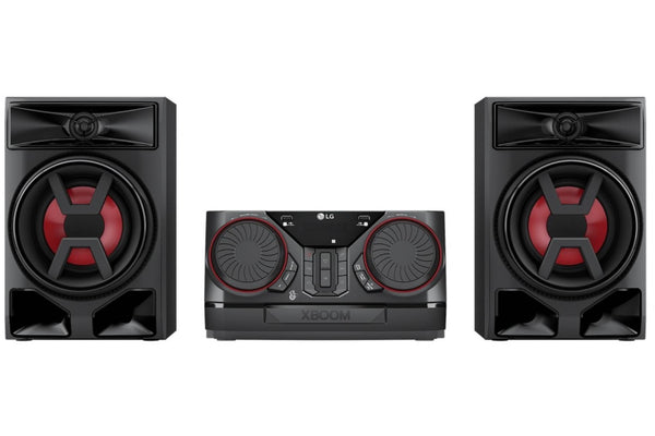 Sistema estéreo LG XBOOM con dos altavoces y un canal central sobre fondo blanco