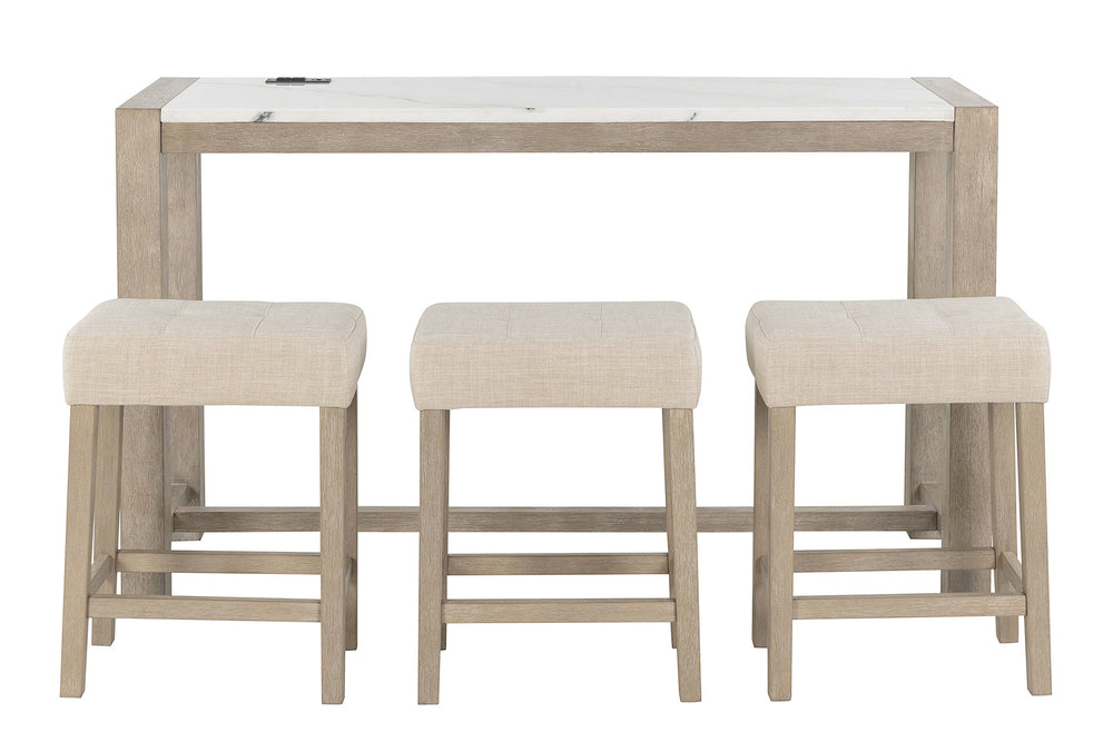 Conjunto de tres taburetes de bar con mesa de madera clara sobre fondo blanco.