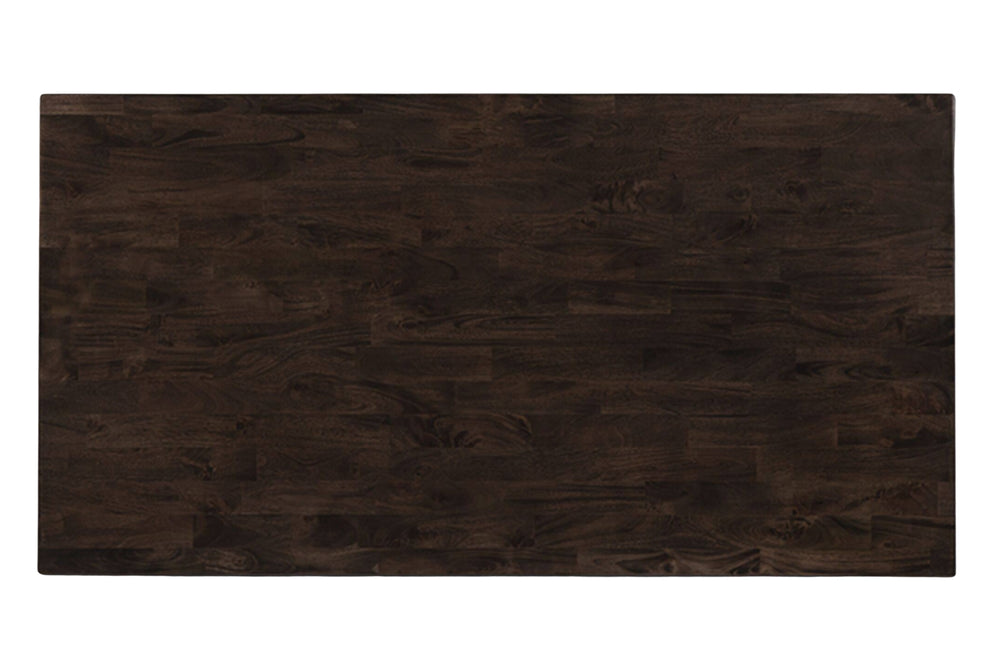 Mesa de comedor de madera de color marrón oscuro sobre un fondo blanco.