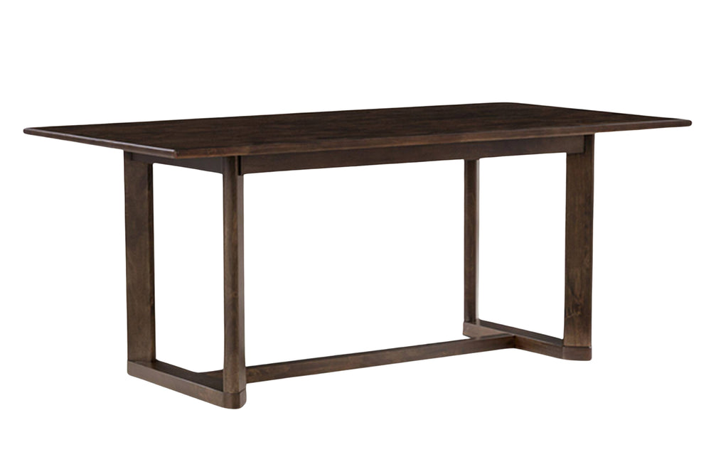 Mesa de comedor de madera de color marrón oscuro sobre un fondo blanco.