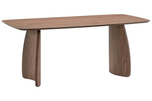 Mesa de comedor de madera con diseño minimalista sobre fondo blanco.