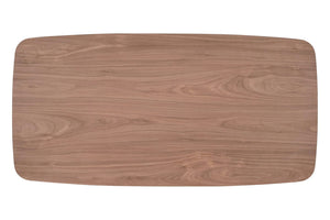 Mesa de comedor de madera con un patrón de veta rectangular sobre un fondo blanco