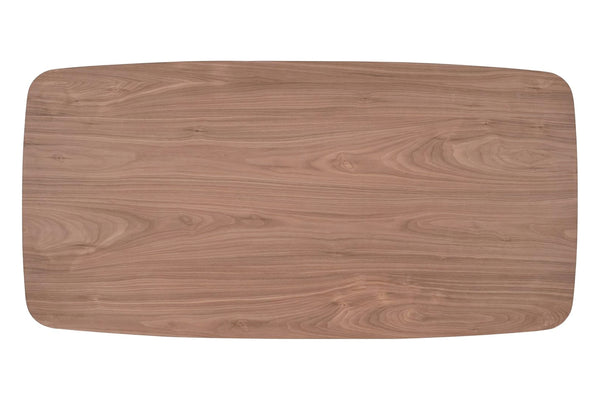 Mesa de comedor de madera con un patrón de veta rectangular sobre un fondo blanco