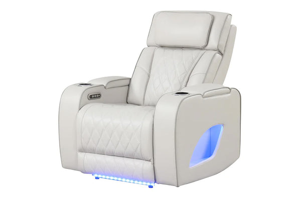 Butaca reclinable blanco con iluminación LED sobre fondo beige