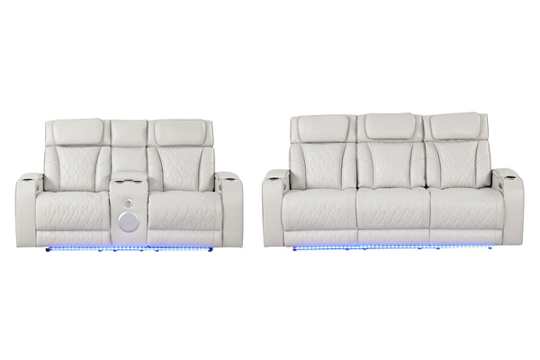 Conjunto de sofá y loveceat reclinables blancos con iluminación LED sobre fondo blanco