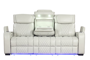 Loveseat reclinable beige con iluminación LED sobre fondo blanco.