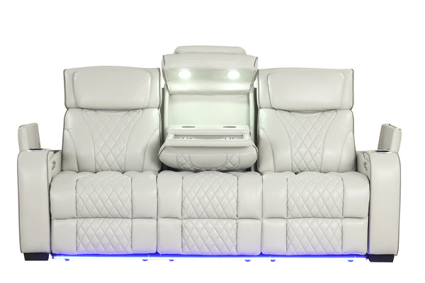 Loveseat reclinable beige con iluminación LED sobre fondo blanco.
