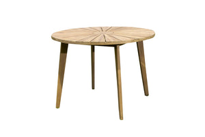 Wooden round table with starburst design on a white background