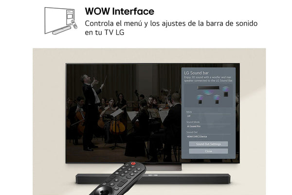 Televisor LG con barra de sonido y control remoto sobre un fondo claro