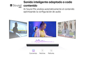 Anuncio de AI Sound Pro con tres pantallas que muestran diferentes contenidos sobre un fondo blanco.