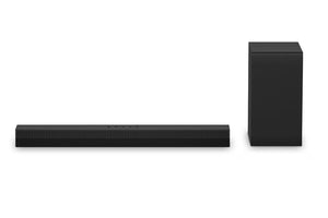 Barra de sonido negra y subwoofer sobre fondo blanco