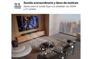 Configuración de sala de estar con TV y barra de sonido, con texto sobre la calidad del audio.