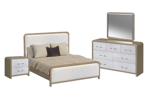 Bedroom furniture set of a light bronze and light grey wooden bed, a dresser with mirror and a nightstand on a white background.