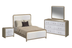 Bedroom furniture set of a light bronze and light grey wooden bed, a dresser with mirror and a nightstand on a white background.