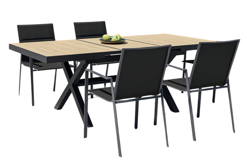 Outdoor beige table with black sides and with four armchairs on a white background