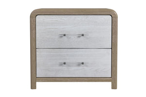 Light grey and light bronze nightstand with LED lights of two drawers with transparent handles on a white background.