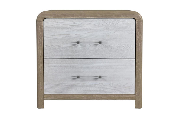 Light grey and light bronze nightstand with LED lights of two drawers with transparent handles on a white background.