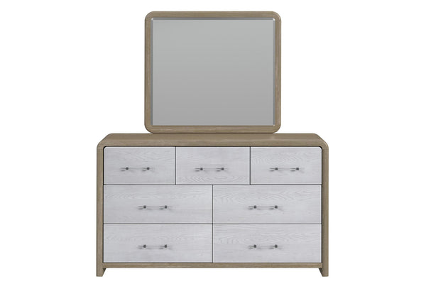 Light bronze colored wooden dresser with mirror with six, light grey drawers on a white background.