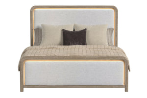 Front view of light bronze and light grey bed with LED lights on a white background.