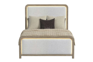 Front view of light bronze and light grey bed with LED lights on a white background.