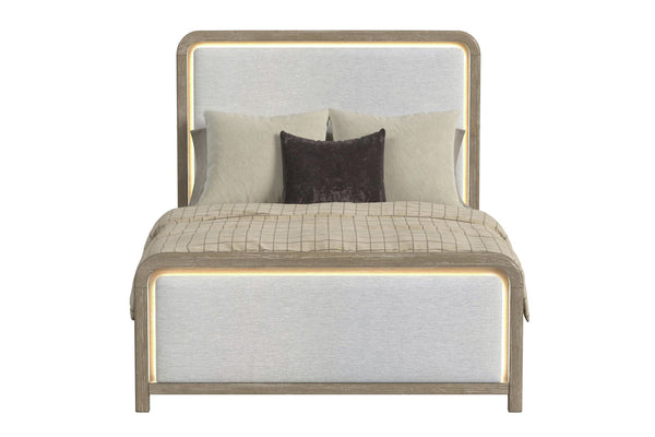 Front view of light bronze and light grey bed with LED lights on a white background.