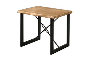Mesa de madera con patas de metal negro sobre fondo blanco.