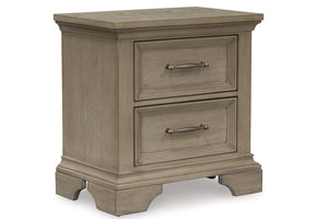 Sideview of rustic, wooden nightstand with two light bronze drawers on a white background.