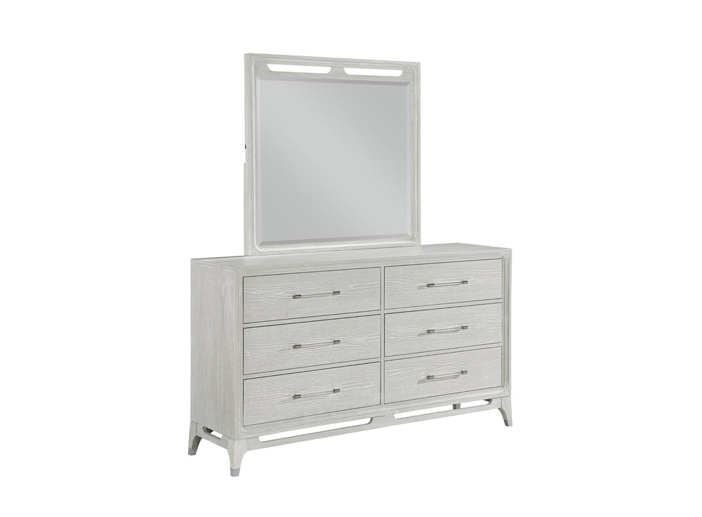 White, textured wood dresser with mirror of six drawers with transparent handles on a white background.