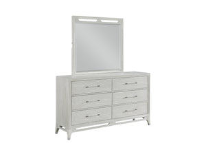 Sideview of white, textured wood dresser with mirror of six drawers with transparent handles on a white background.