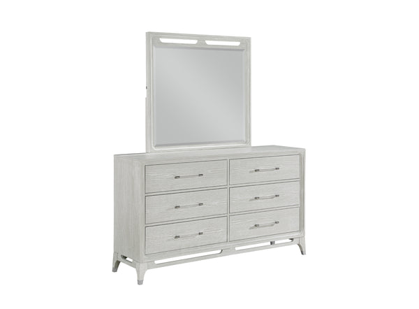 Sideview of white, textured wood dresser with mirror of six drawers with transparent handles on a white background.