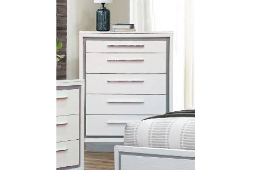 White and silver chest of five drawers in a room setting.